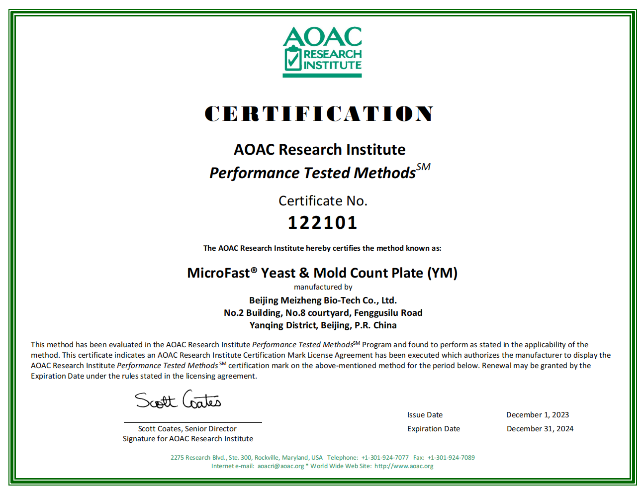 AOAC Certificate of Microfast? Yeast & Mold Count Plate (YM)